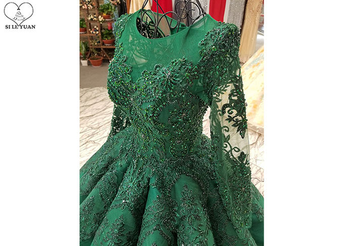 Luxury Heavy Beading Green Satin Prom Dress Perspective Long Sleeve Floor Length