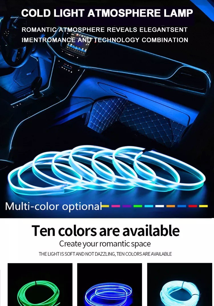 RGB Neon Decorative EL Wire Car Interior Atmosphere Lights USB DIY cold light line