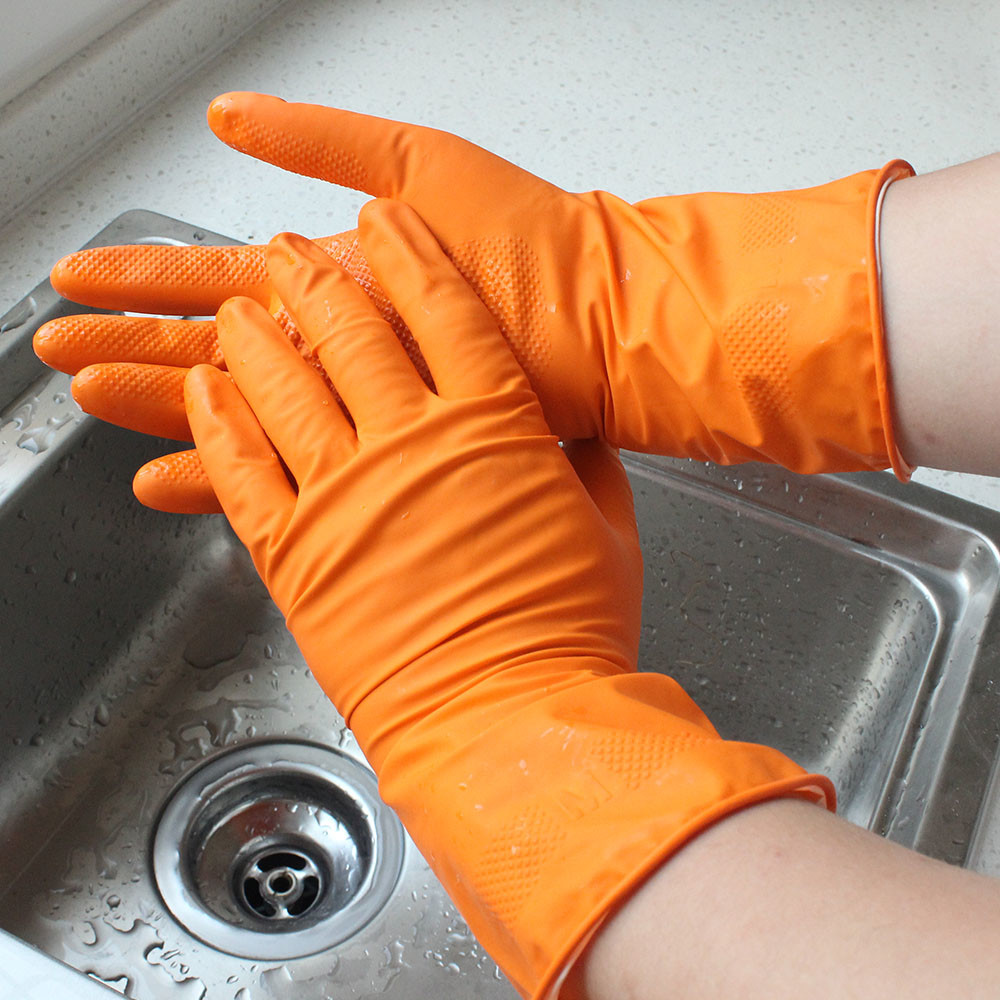 Dishwashing Latex Kitchen Flocklined Rubber Gloves Different Sizes High Tensile Strength
