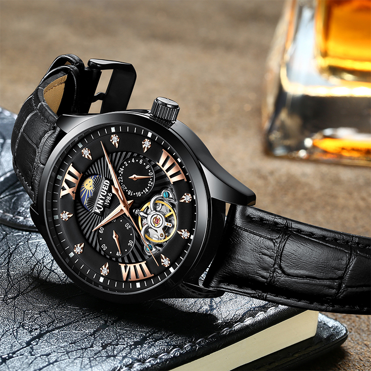 Brand KINYUED Mechanical mens watch luxury luminous moon phase skeleton watch automatic mechanical watch