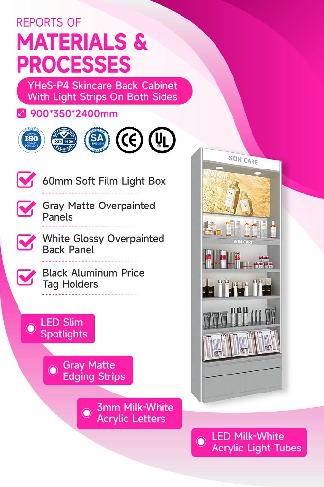 YHeS-P4 Adjustable Shelves Skincare Display Cabinet with LED Slim Spotlights