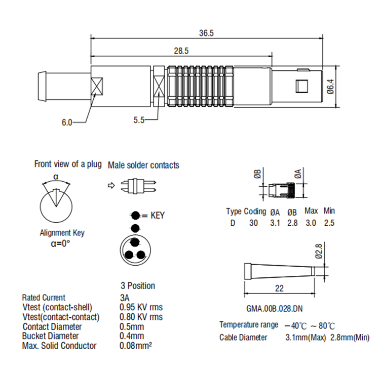 Receptacle Short Connector Straight Plug SRD.TGG.00B 303 00 0B 1B 2B 3B 3 pin