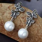 925 Silver White Simulated Shell Pearl Dangle Earrings Vintage Old Jewellry