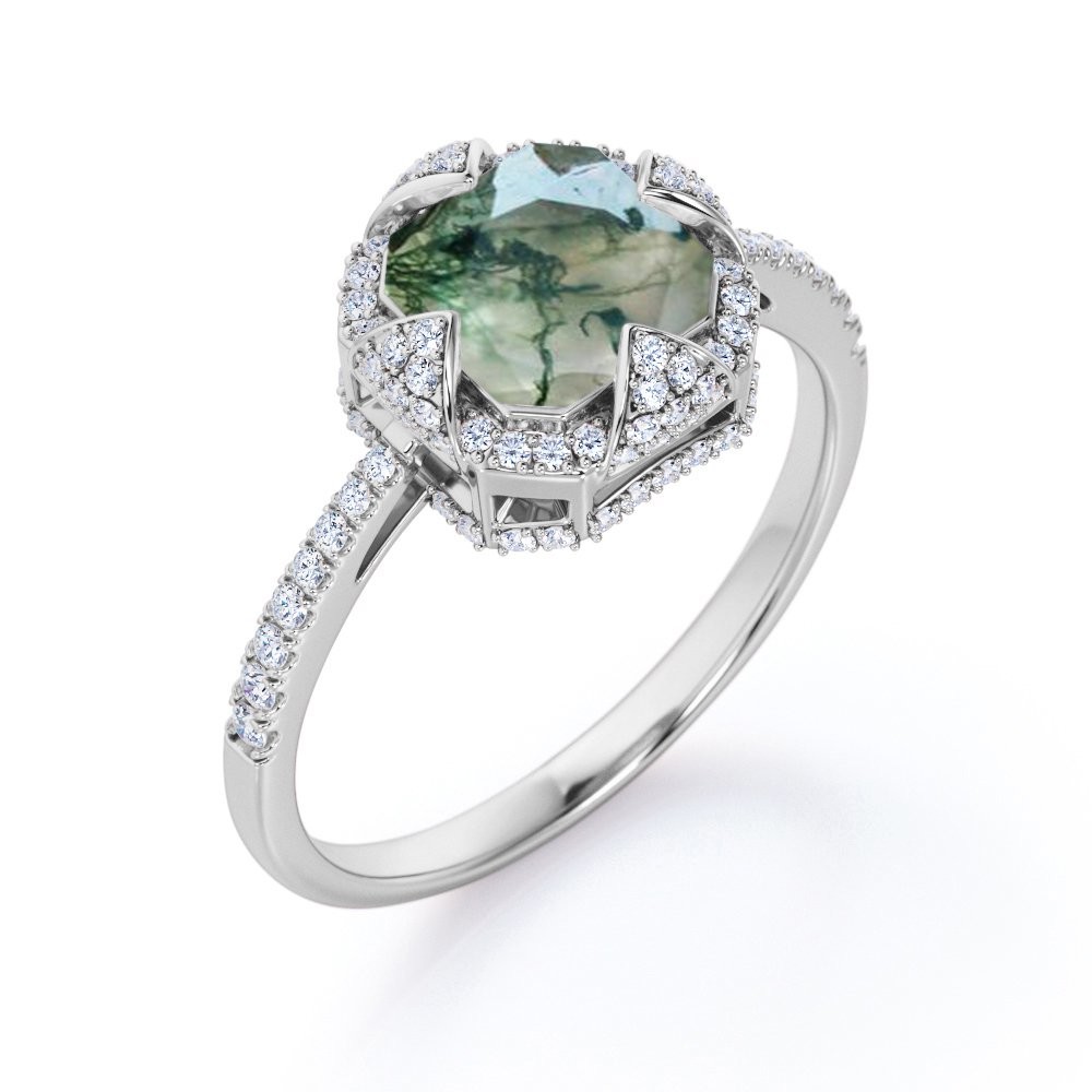 Halo Bezel Cluster Asscher Cut Opaque Milky Moss Green Agate And Moissanite Pave Engagement Ring