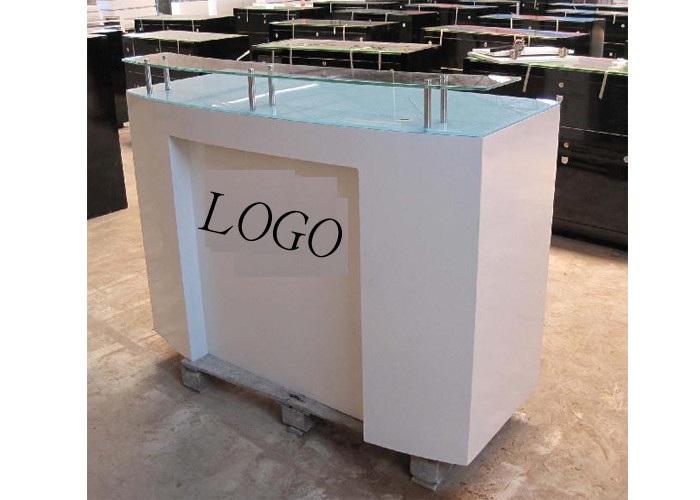 HDF Baking Glossy White Retail Checkout Counter Floor Standing With Printed Logo