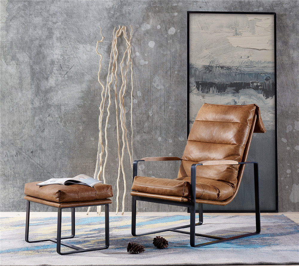Thick Metal Frame Leather Leisure Chair Soft Foam Feather Filler Cushion For Small Space