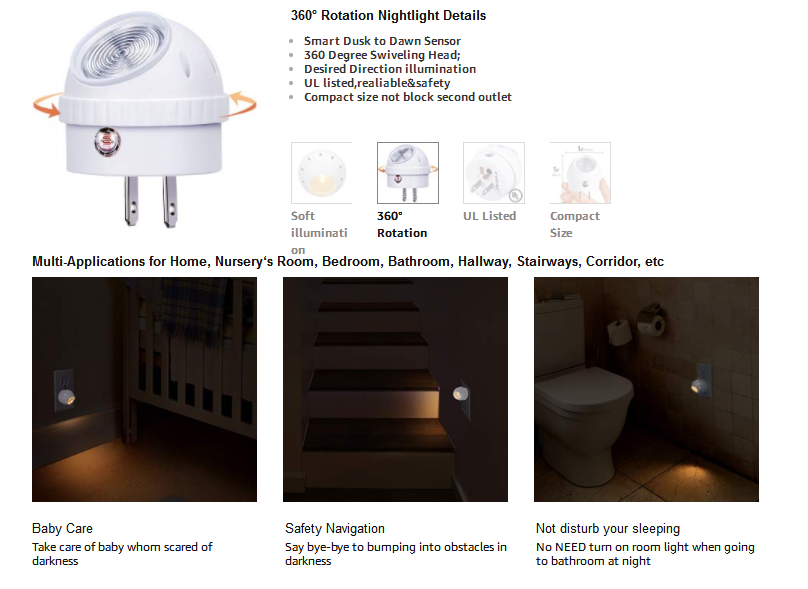 LED Nightlight Plug-in Night Lights, Warm White Sensor Room Electric EMC FCC LVD