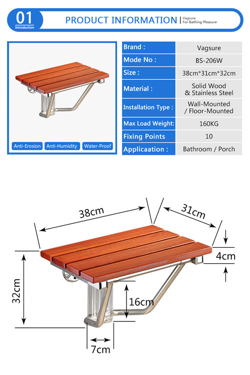 Loading Weight 160KG Fold Down Shower Seat , Relaxing Waterproof Solid Wooden Shower Seat