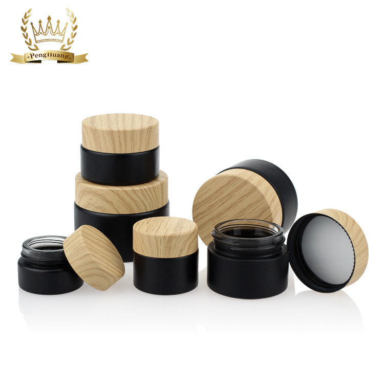 Cosmetic Packaging Set Bamboo Color Screw Cap Black Matte Glass Jars 50g