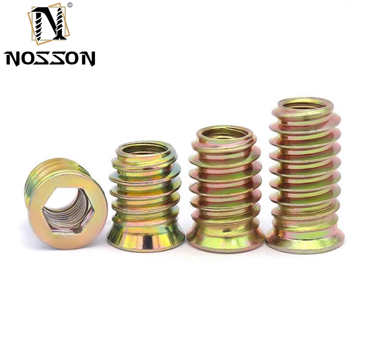 Professional Carbon Steel Hex Socket Thread Wood Nut Thread Inserts DIN Standard Cadmium Plated for Automotive Industry