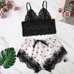 2 Pieces Sweet Heart Print Sexy Underwear Lace Short Sleeve Satin Sexy Lingerie