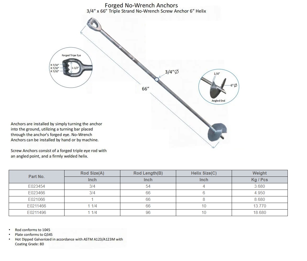 Forged No Wrench Anchors 3/4''x 66 '' Triple Stand No Wrench Screw Anchor 6'' Helix