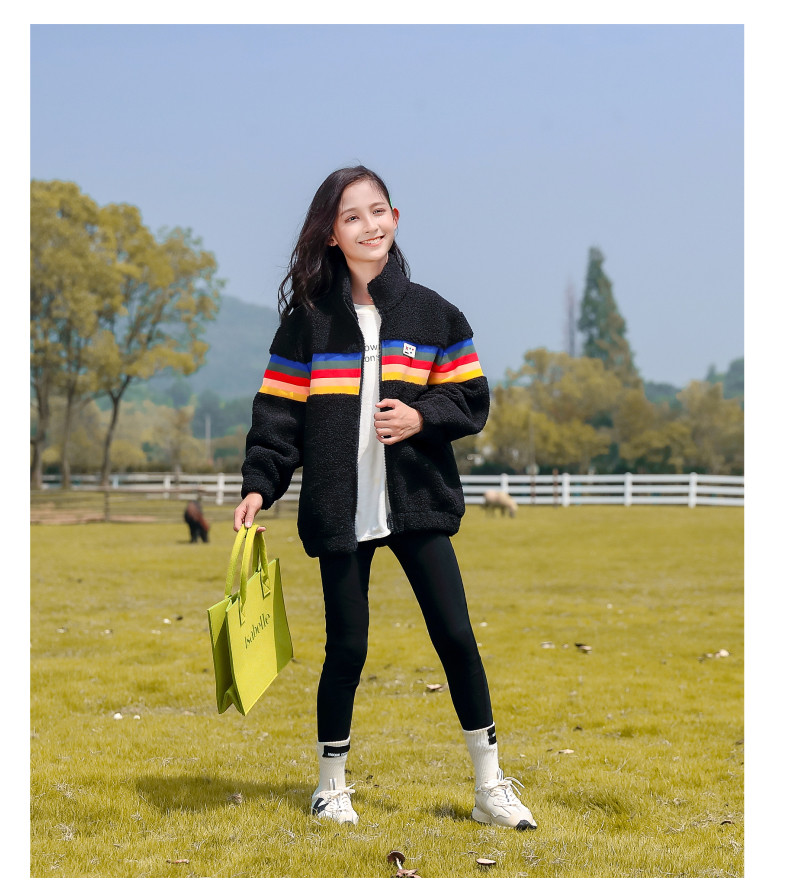 Girls Lamb Wool Coat Thickened Stitching Color Striped