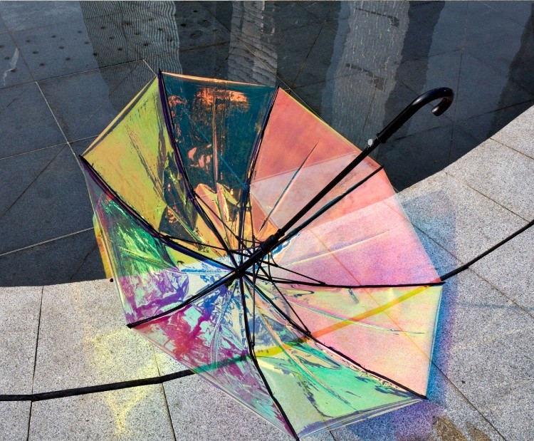 Colorful Iridescent Hologram Transparent Rain Umbrella For Rain Windy Day