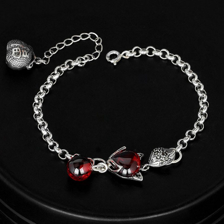 925 Sterling Silver Synthetic Garnet Fox Charm Link Bracelets(B20180411084)