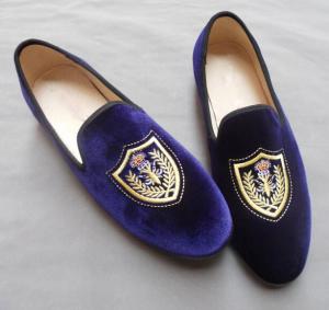Quality Customized Embroidered Mens Velvet Loafers Slip On Blue Velvet Slippers wholesale