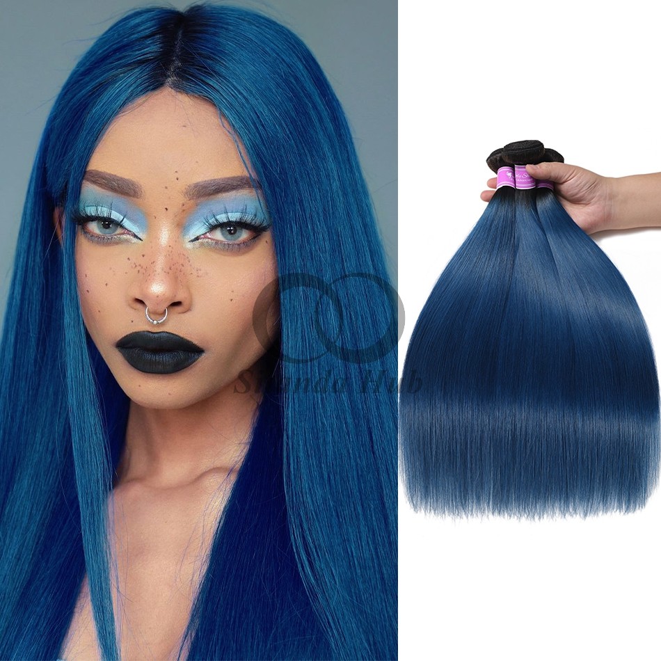 #T1B/Blue Straight Remy Human Hair Bundles Sew In Weave Bundles Brazilian Bundle Deals