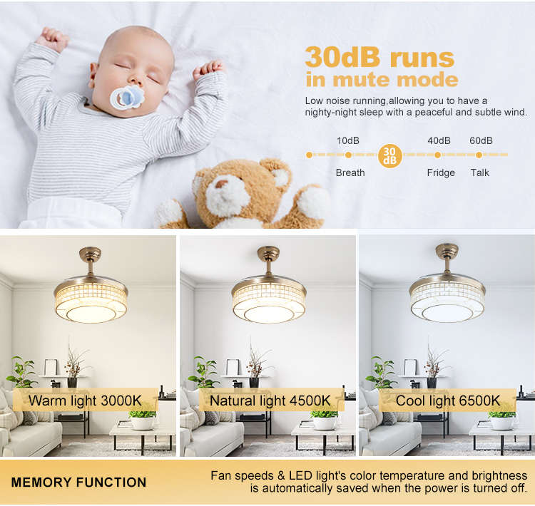 Home Office Function Air Conditioning LED Lighting Gold Ceiling Fan with Hidden Blades