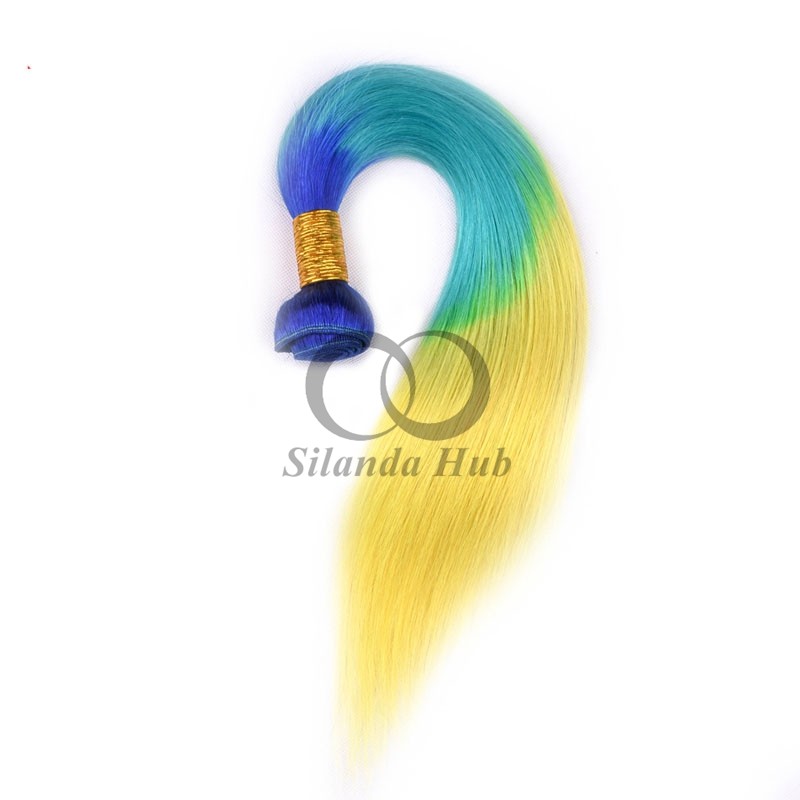 Blue/Light Blue/Yellow Straight Remy Human Hair Bundles Sew In Weave Bundles Brazilian Bundle Deals