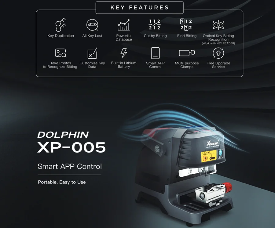 Xhorse Dolphin XP005 Key Cutting Machine V1.7.0 Works on Phone Application Via Bluetooth compatible