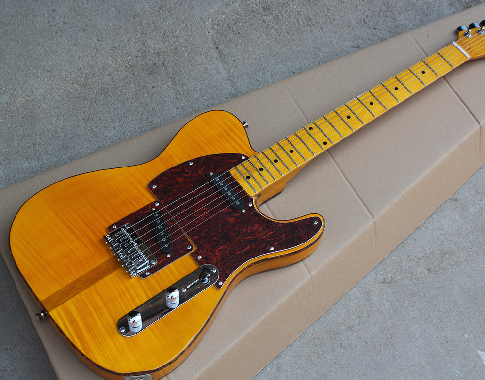 Custom Wholesale Yellow Body Electric Guitar with Red Tortoise Pickguard,Yellow Maple Fretrboard