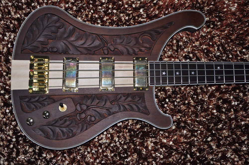 Custom bass guitar Carved flower body Neck through body 4 string electric bass guitar 4003 RIC Golden hardwares