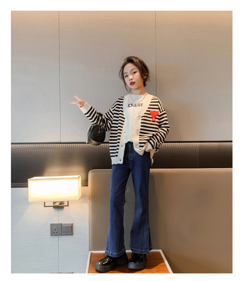 Embroidery Craft Trendy Children Clothing Striped Girls Knit Cardigan Sweater V Neck