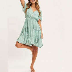 Elegant Casual V-Neck Button Front Short Sleeve Women Dresses Floral Printed Mini Dress