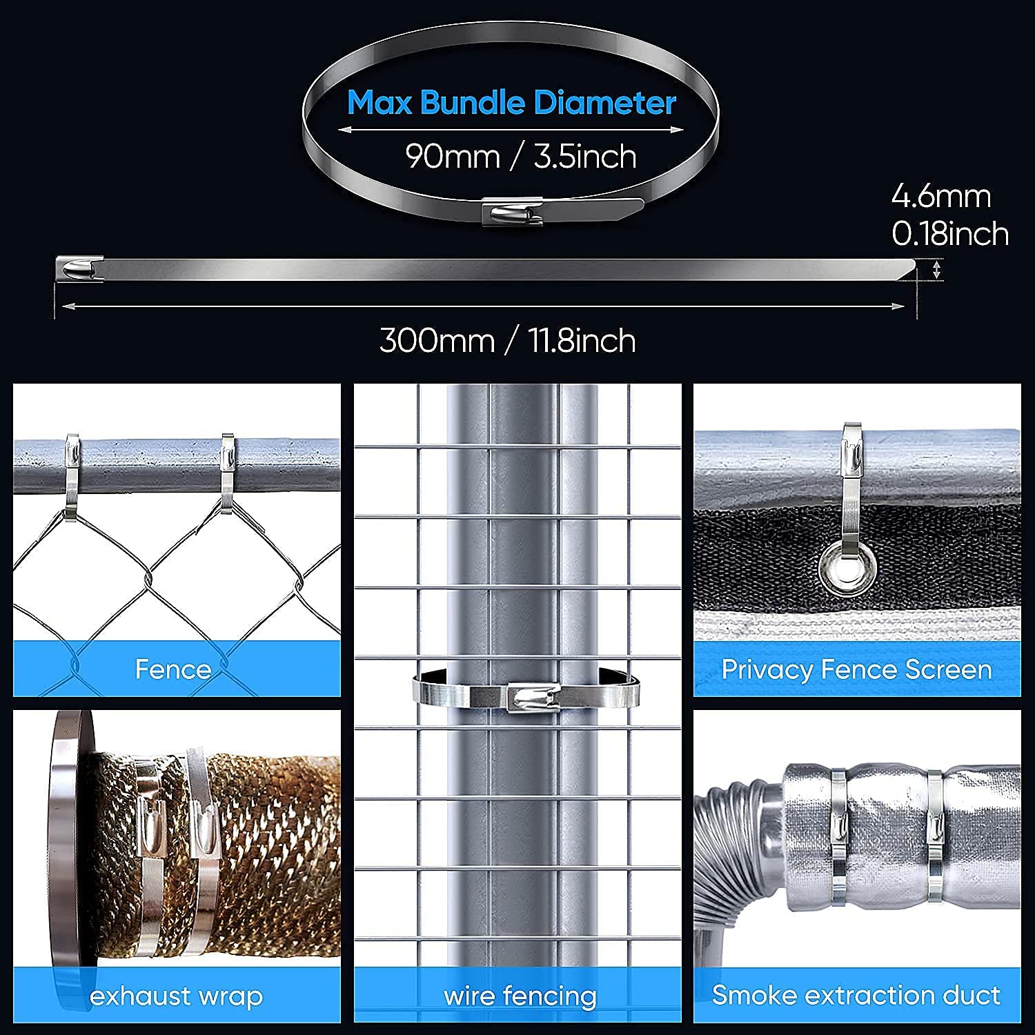 11.8 Inch Length 304 Stainless Steel Cable Ties with Zinc Finish and Customized Support Imperial Measurement System