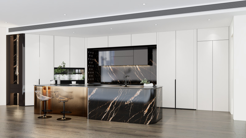 Luxury SS Modern Kitchen Cabinet With Multifunctional Curved Metallic Gold Island