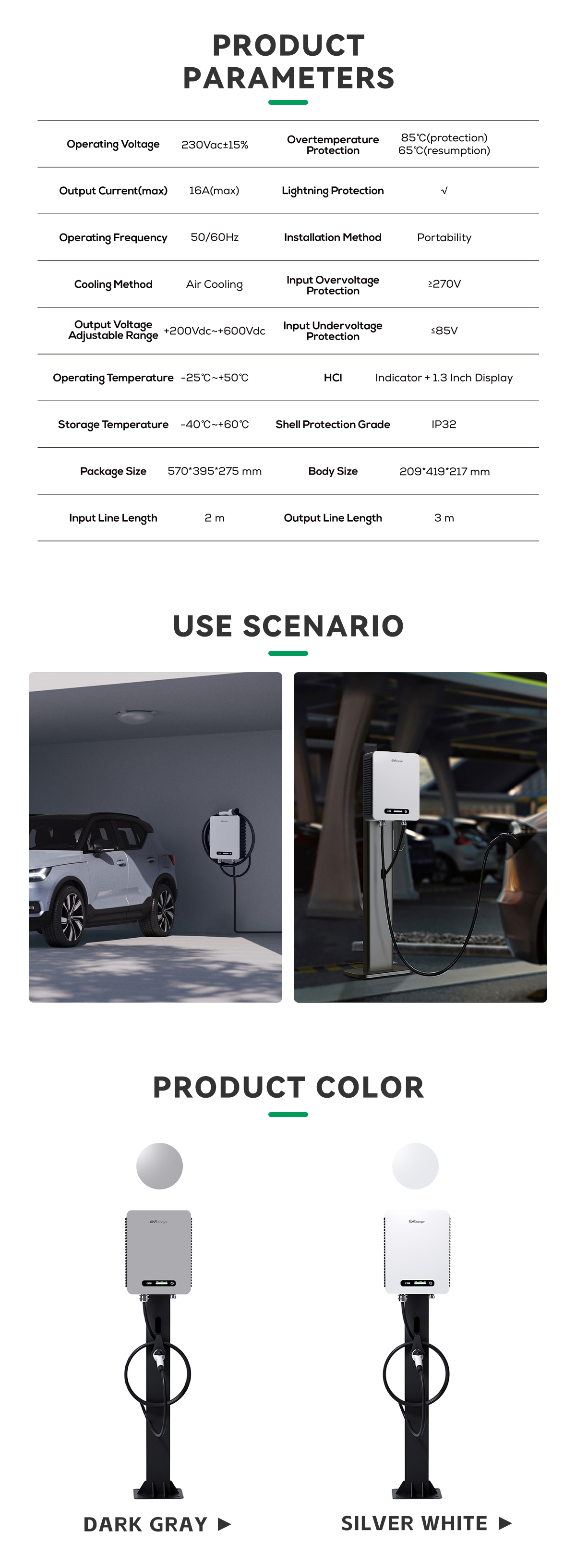 GBT 16A/7KW Electric Car Charger Post with Overcurrent Protection and Color Screen Purpose For Replace/Repair