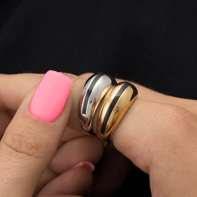 Wholesales 18K Gold Plated Stripe Pink Enamel Dome 925 Sterling Silver Women's Ring
