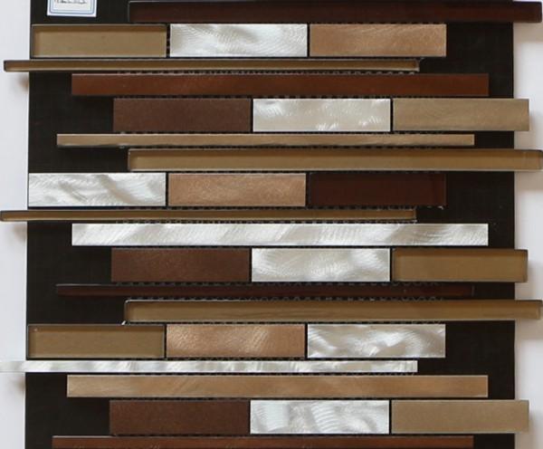 Brown red linear glass mix metal mosaic brush finished for entrancewall
