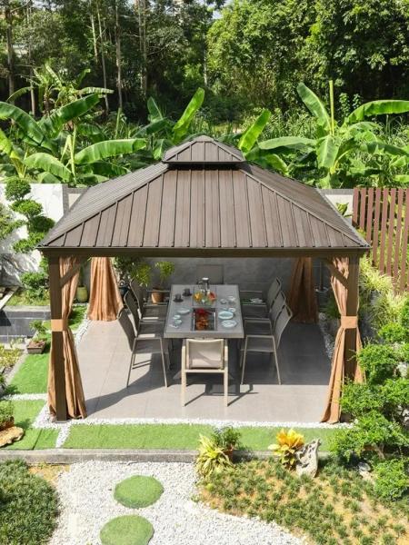 Outdoor Lawn Garden Metal Hardtop Double Tier Roof Gazebo Wood Frame Pavilion