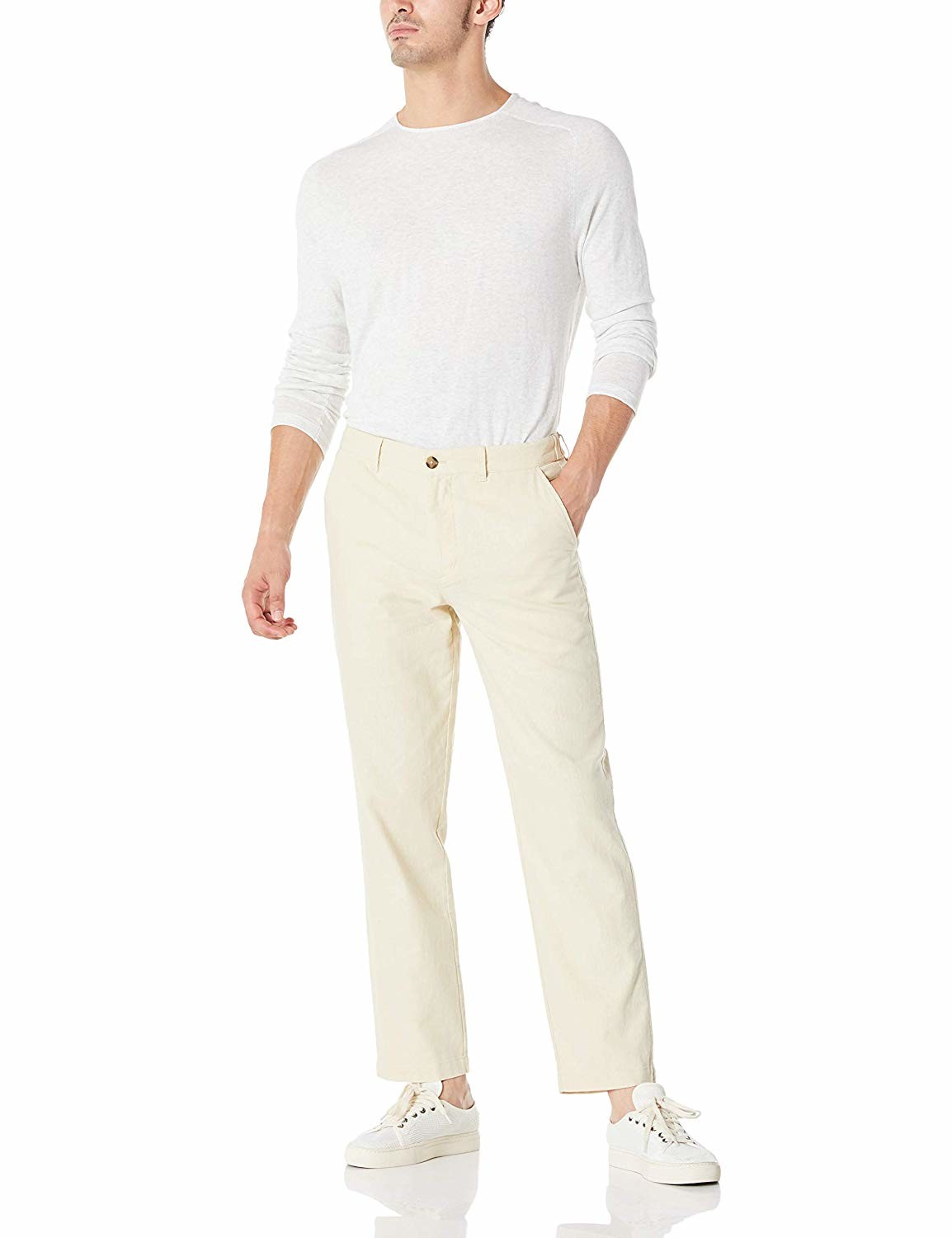 Drawstring Cropped Cotton Mens Casual Linen Pants Loose Leg Breathable