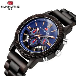 Quality Man Black Sandal Wooden Quartz Watch Blue Dial 6 Pointers 1014-2 wholesale