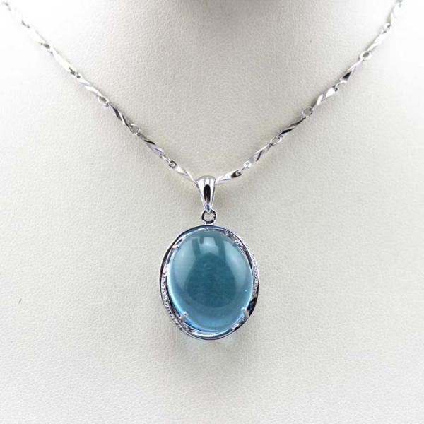 Women Fashion Oval Dome Blue Topaz Cubic Zircon Pendant 925 Silver Chain
