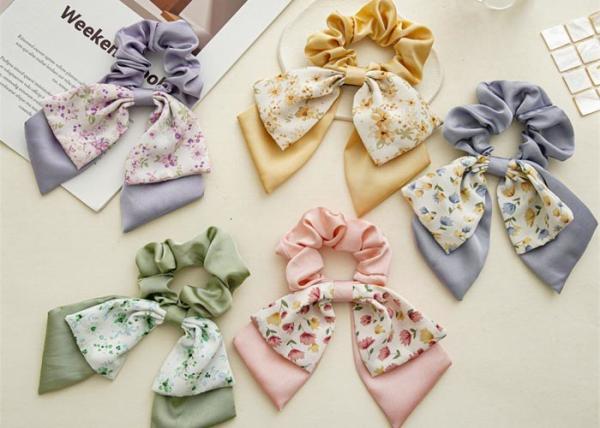Floral double bow scrunchie girls lady rubber band high appearance horizontal