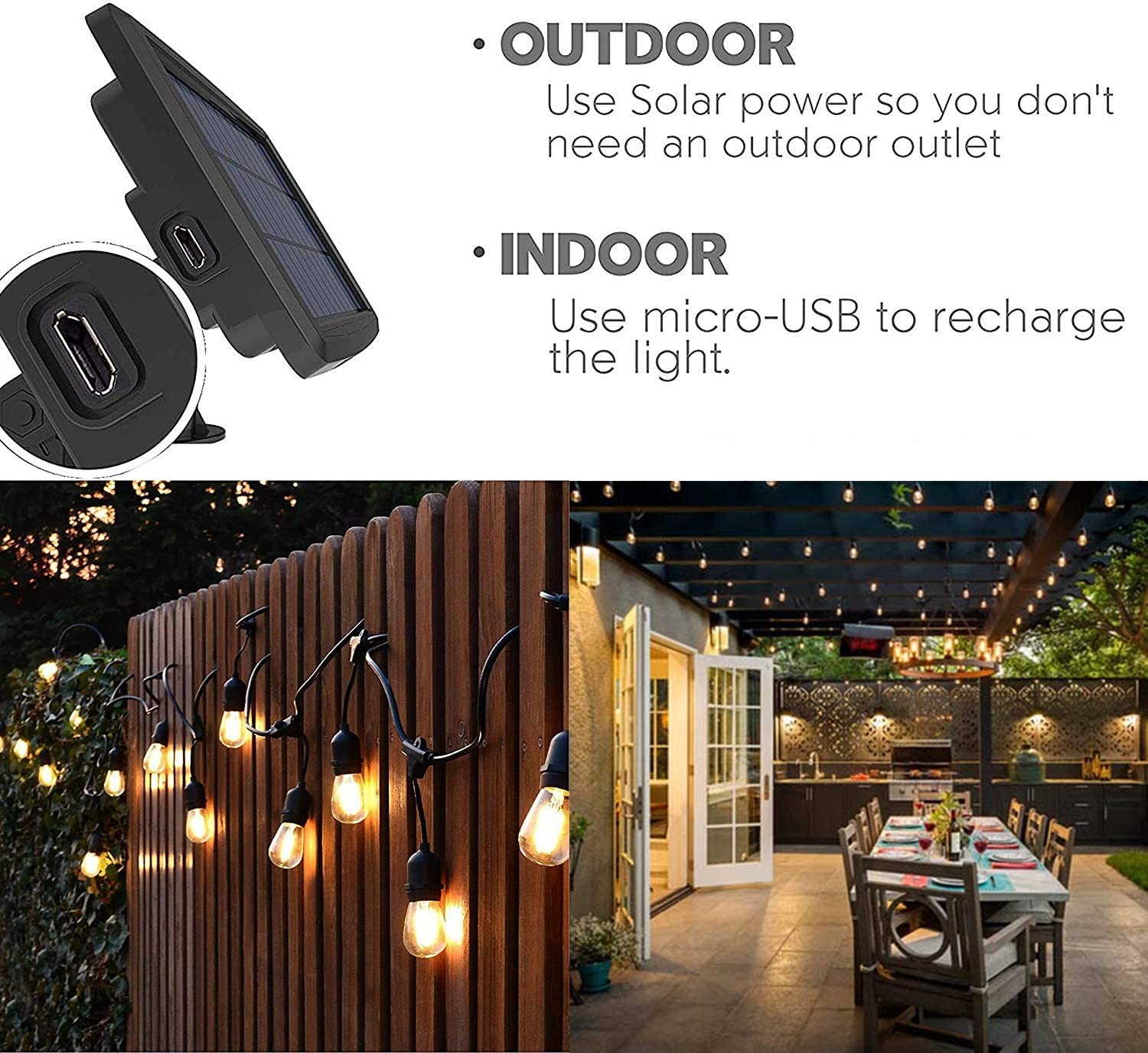 Shatterproof Yard Fence 48ft LED Solar Bulb String Lights