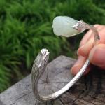Handcraft Sterling Silver Cuff Bracelet with Sculpted Natural Jade Gardenias