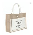 Picnic Jute Tote Bags Hessian Yellow Laminated Long Handles For Gifts