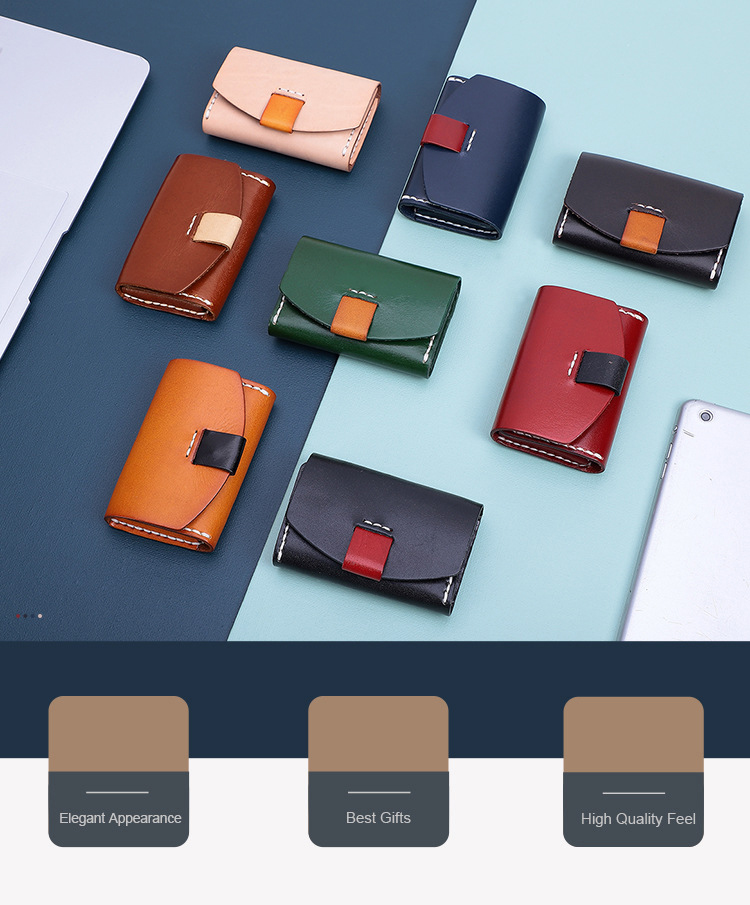 Vegetable Tanned Leather Short ID Card Holder for Cowhide Change Coin and Open Closure