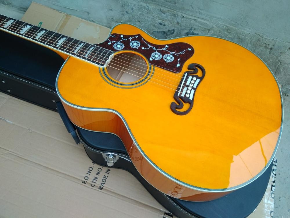 Top quality Yellow 43 inch Cutaway G200 classical Acoustic Guitar,Factory Tiger Flame maple G200vs guitar Acoustic