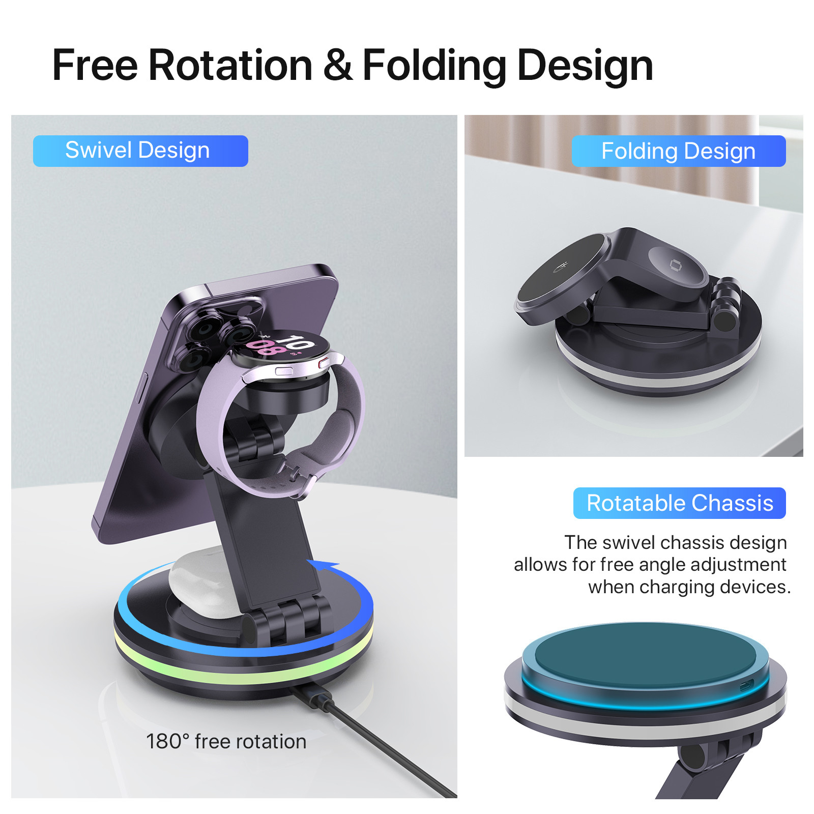 ABS Acrylic Material Foldable Wireless Charger with LED Light and TYPE-C Input