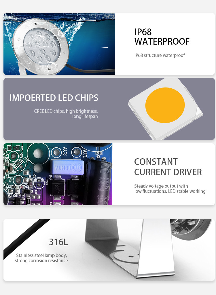 6500K Dimmable Led Swimming Pool Light IP68 SS316L Material 36W White Color