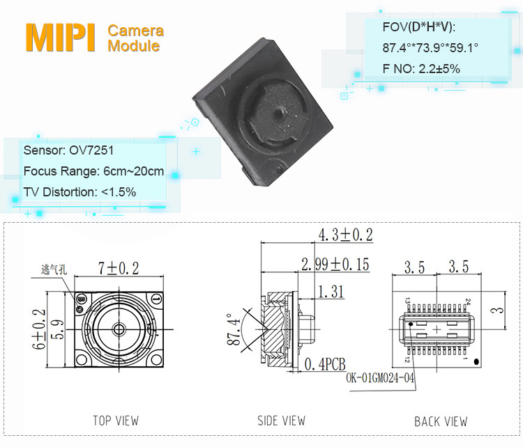 0.3MP OV7251 Fixed Focus Socket MIPI Camera Module For Raspberry Pi