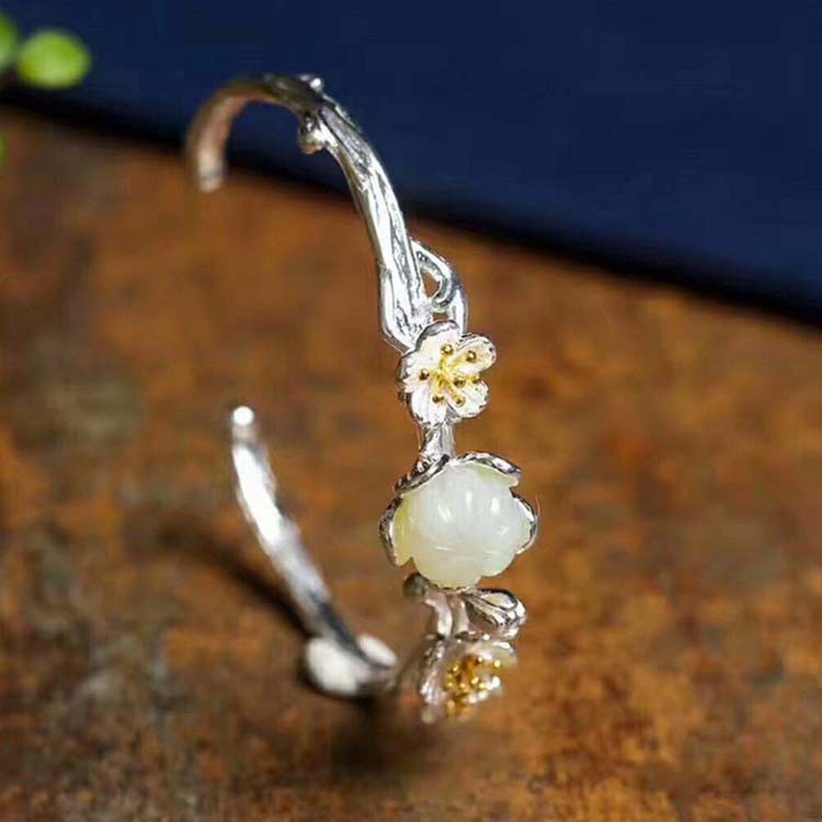 Sterling Silver Natural Jade Culptured Flower Gold Plated Women Bracelet(049924)