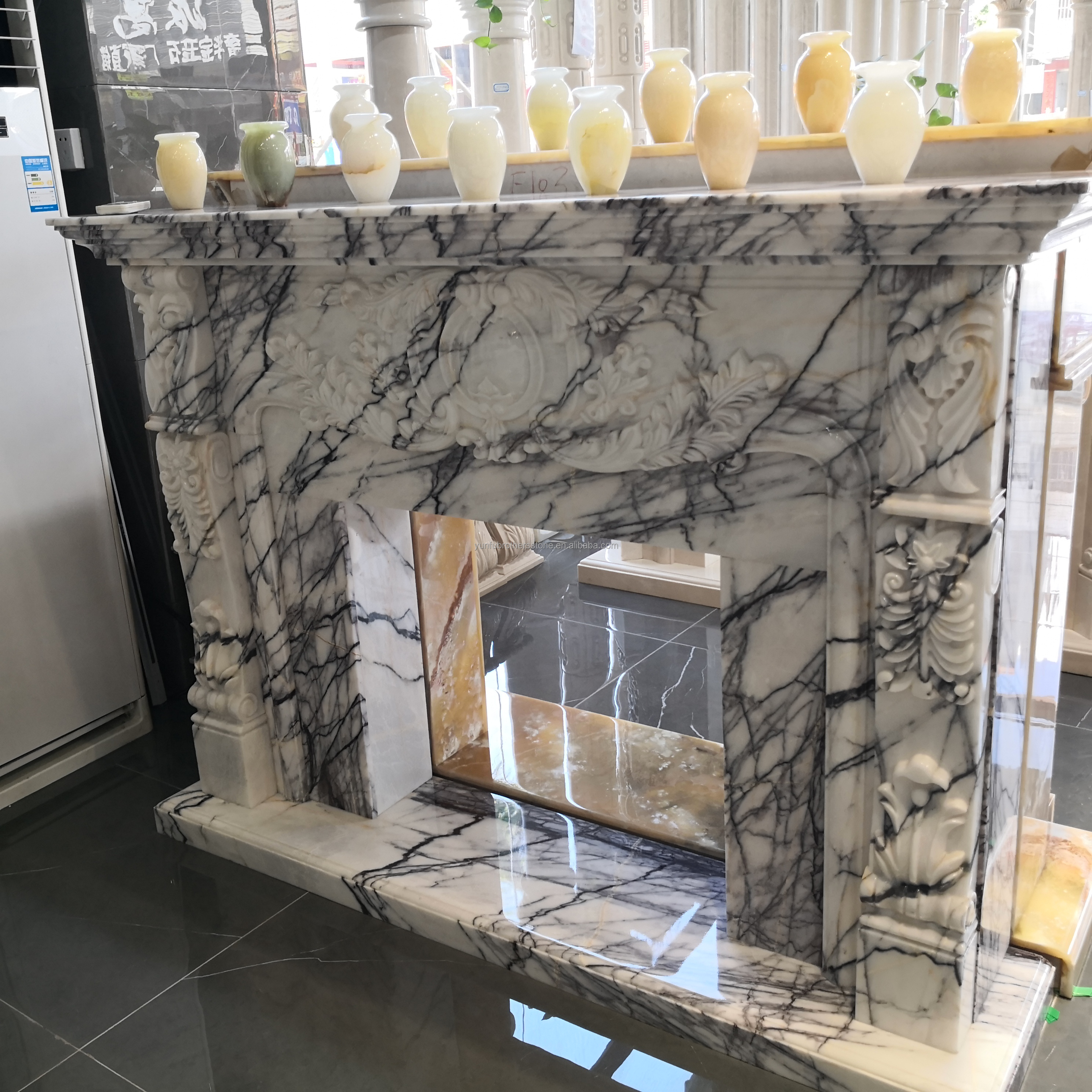 Modern Mini Hand Crafted Mantle Art Sculpture Arched French New York Marble Indoor Fragrant Snow Plum Fireplace Surround