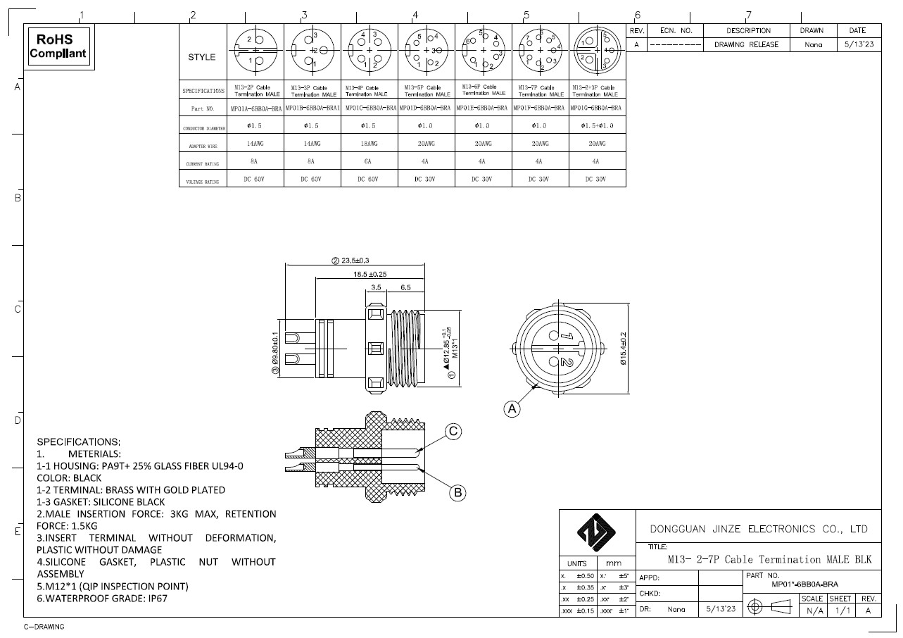 M13 6Pin Circular Electrical Connectors 20AWG Female Male