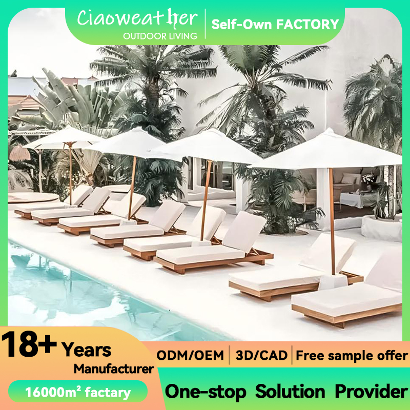 Outdoor Garden Resort Furniture Stylish Wood Sun Lounger with Waterproof Cushion